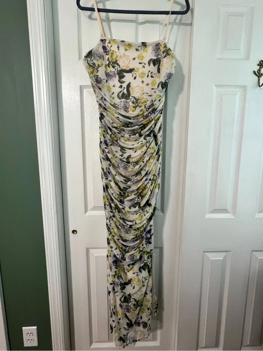 Floral Ruched Dress in Cream and Green